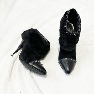 ABS Allen Schwartz Black Studded Ankle Boots fur heeled booties spiked size 8